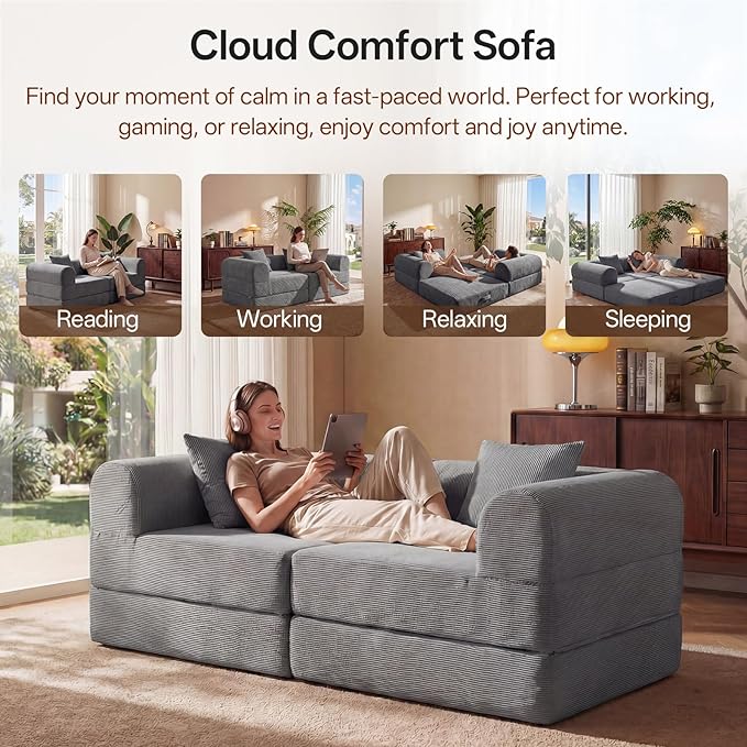 74.8’’ Boneless Modular Convertible Sofa Bed Fold-Out Floor Couch Loveseat All-Foam Futon Mattress Couch Corduroy Sleeper Sofa for Living Room &amp Small Spaces No Assembly Required Gray