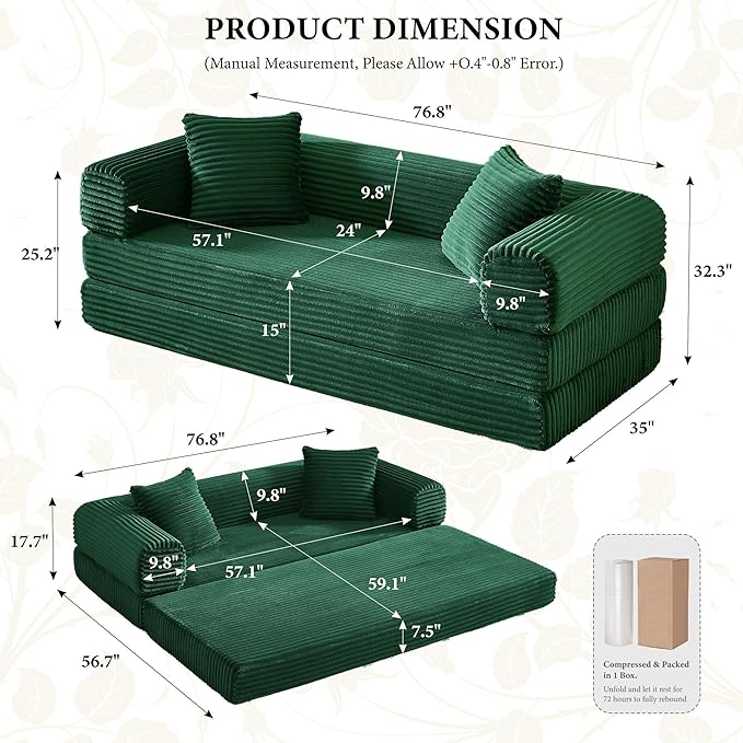 Boneless Couch Versatile Couches for Living Room No-Install Sofa Bed Corduroy Futon Soft Cloud Couch with Pillows for Bedroom Game Movie (Green)