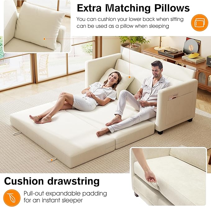 65 Loveseat Sleeper Sofa Bed Chenille Convertible Sofa Bed for Small Spaces Folding Couch Bed with Deep Seat Solid Frame Pull Out Floor Couches for Living Room Beige