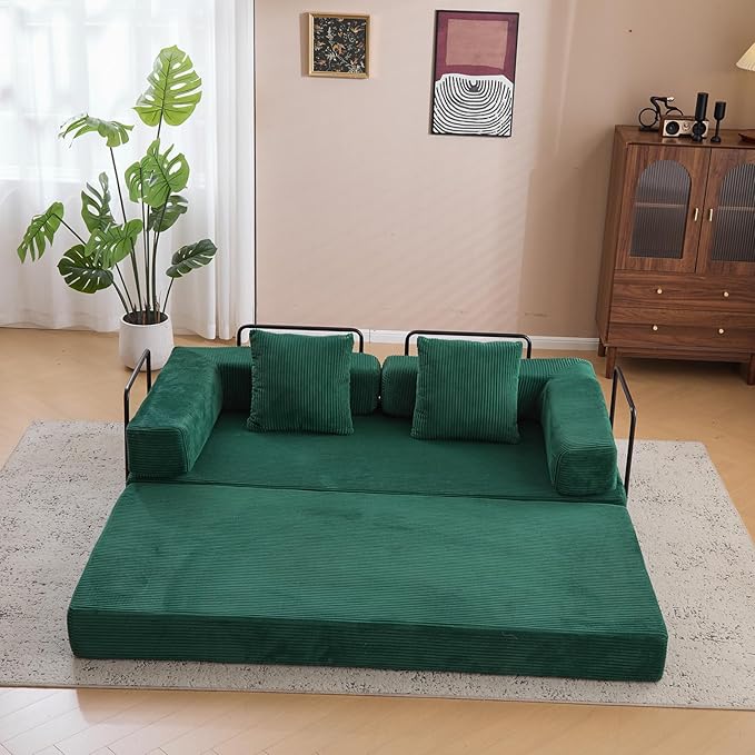 Folding Sofa Bed Convertible Sleeper Corduroy Floor Couch with Pillows Fold Out Couch King Size Bed Futon Couchs Foldable Memory Foam Mattress for Living Room Bedroom Playroom (Dark Green)