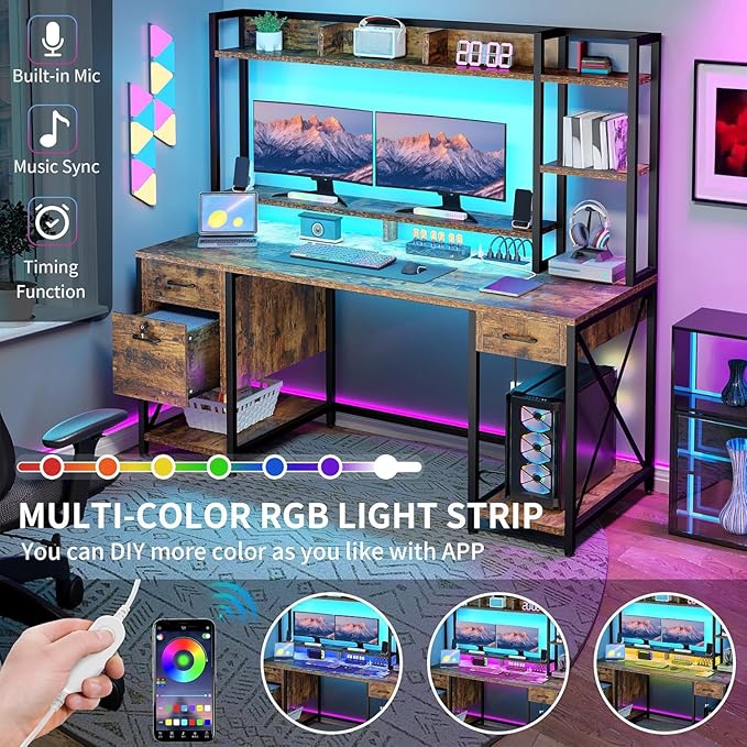 YITAHOME Computer Desk with Hutch &amp Drawers 59 Office Desk with Power Outlets Gaming Desk with LED Lights and Storage Shelves Rustic Brown