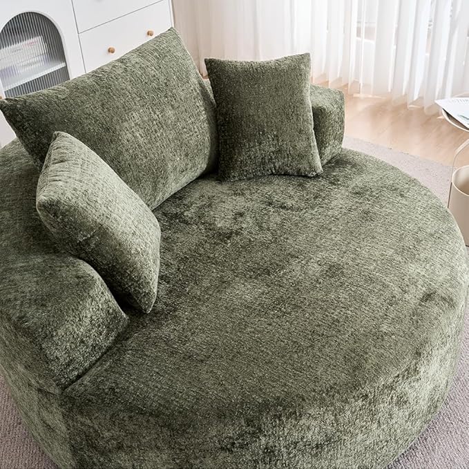 Green 55 Oversized Swivel Accent Chair Round Barrel Chair with 360° Rotation Chenille Upholstered Deep Seat Lounge Sofa Modern Comfy Single Sofa for Living Room Bedroom Office (Green)