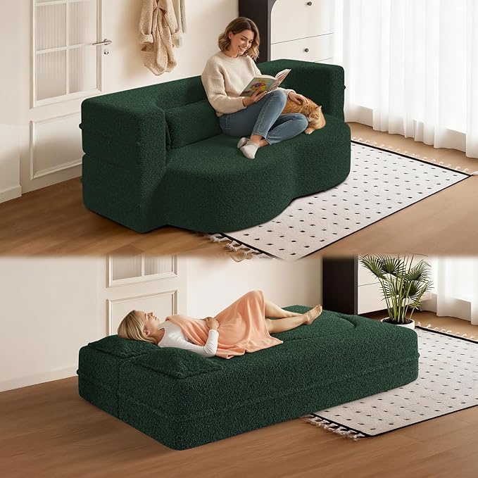 Convertible Folding Foam Sofa Bed15 Full Size Floor Sleeper Couch Futon Loveseat Sofa for Living Room Bedroom No Assembly Required (Green)