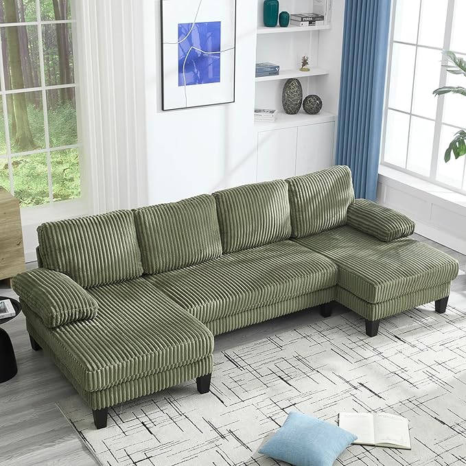 114.2 U-Shaped Sectional Sofa for Living Room Corduroy U-Shaped Couch with Double Chaises 4-Seater Comfy Cloud Sofa for Home Furniture Office &amp Small Space (Green)