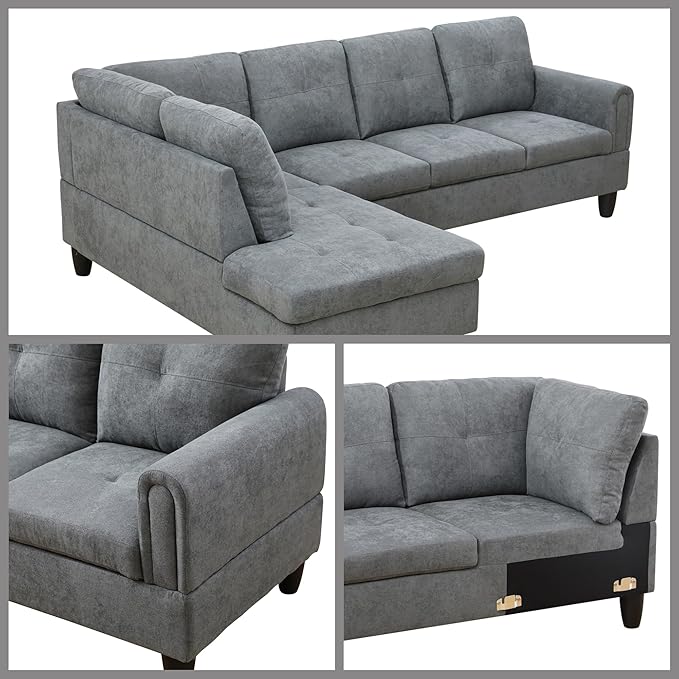 L Shaped Couch Sectional Couches with Chaise Fluffy Fabric 3 Pieces Modular Convertible Sofa for Living Room Furniture Sets and Small Apartment Dark Gre
