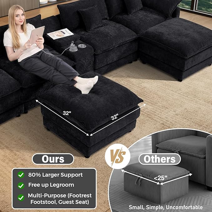 145 Oversized Modular Sectional Sofa U Shaped Cloud Couch Modern 6 Seat Sofa Set for Living Room Comfy Chenille Deep Seat with Storage Central Console Movable Ottomans Cup Holders USB Ports Black