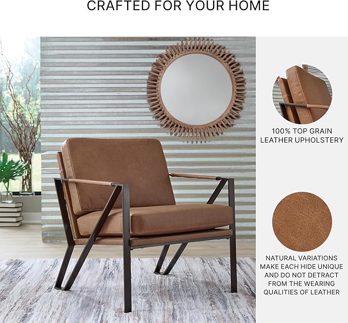 Signature Design by Ashley Garronmont Mid-Century Modern Leather Accent Chair with Metal Frame Light Brown &amp Metallic