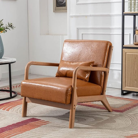 ANJ Mid Century Modern Accent Chair PU Leather Reading Chair with Solid Wood Frame Easy Assembly Armchair for Living Room