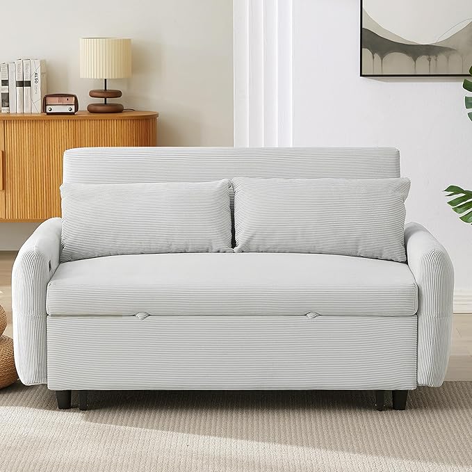 P PURLOVE Upholstered Modern Sofa Bed with Armrest Convertible Sofa Couch with Adjustable Backrest Corduroy Sleeper Bed with 2 Pillows and USB Port Pull Out Sofa Bed for Living Room (Light Blue)