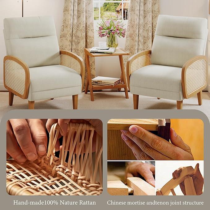 Andeworld Accent Chair Set of 2Upholstered Modern Living Room Chairs with Natural Rattan Arm Linen Fabric Arm Chair with Wooden Legs for Bedroom Club Balcony Reception Ivory