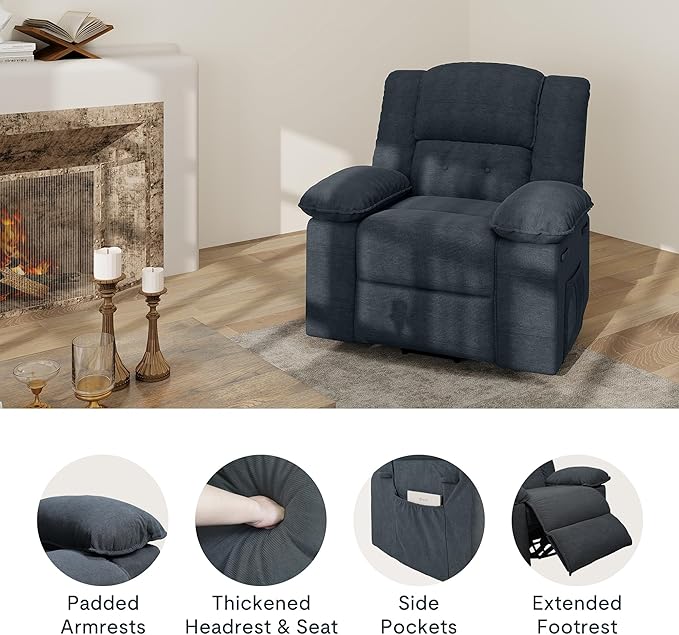 Softa Swivel Rocker Recliner Chair for Adults with Massage &amp Heat 360° Swivel Manual Glider Recliner with Side Pocket Compact Living Room Apartment Reclining Chair (Blue-Grey)
