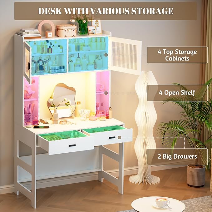 Vlsrka Home Office Desk with Hutch and Drawers 40 Computer Desk with Storage Shelves and LED Lights Modern Wooden Writing Study Table with Charging Station for Bedroom White