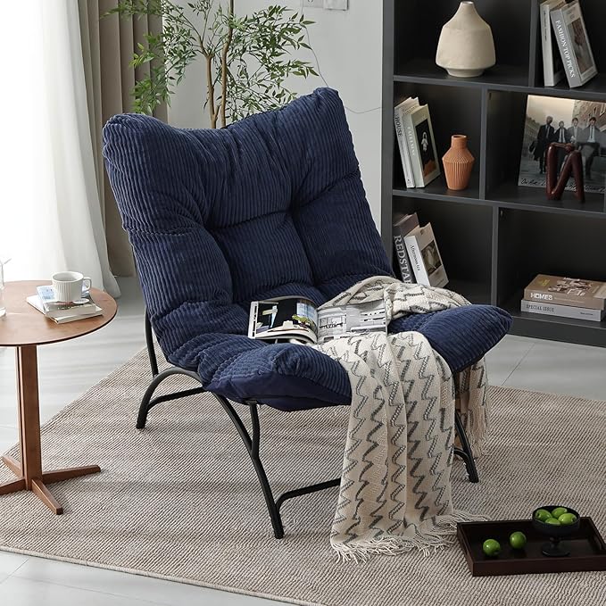 Welnow Accent Lounge Lazy Chair Comfy Soft Leisure Metal Frame Reading Chair Upholstered Thick Cushion Seated Recliner Sofa for Living Room Bedroom Dorm Navy