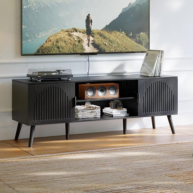 ChooChoo TV Stand for 55/60 Inch TV Mid Century Modern TV Stand Entertainment Center with Storage Cabinet and Open Shelves TV Console Table Media Cabinet for Living Room and Bedroom Black