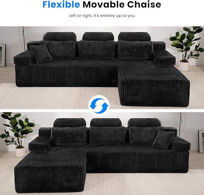 106’’ Sectional Couch with High Backrest L-Shape Modular Sectional Sofa Convertible Left or Right Chaise Cloud Corduroy Boneless Couches Comfortable for Living Room(Black)