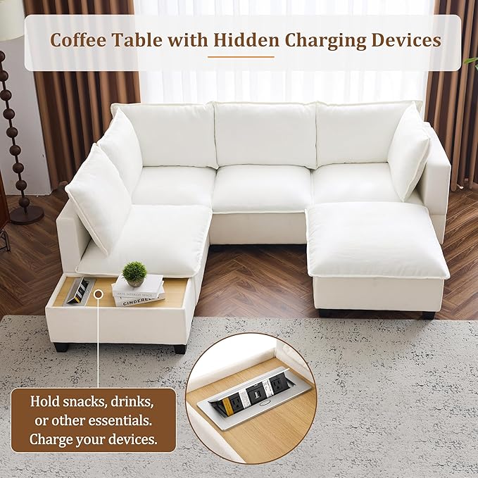 Harper &amp Bright Designs 90 U-Shaped Sectional Sofa Modular Sofa Couch with a Movable Ottoman a Coffee Table with Hidden Charging Devices for Living Room White