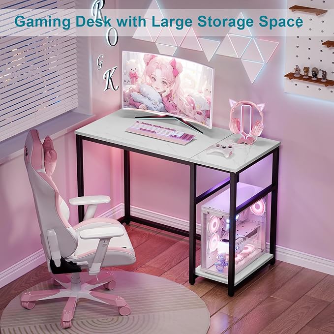 SINPAID Computer Desk 40 inches with 2-Tier Shelves Sturdy Home Office Desks with Large Storage Space Modern Gaming Desk Study Writing Laptop Table Black Marbling (White Marble 40 inch)