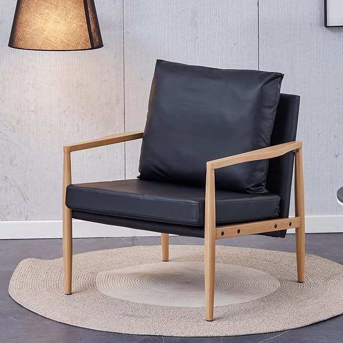 Sofa Chair.Black PU Leather Accent Arm Chair Mid Century Modern Upholstered Armchair with Imitation Solid Wood Color Metal Frame Padded Backrest and Seat Cushion Sofa Chairs for Living Room