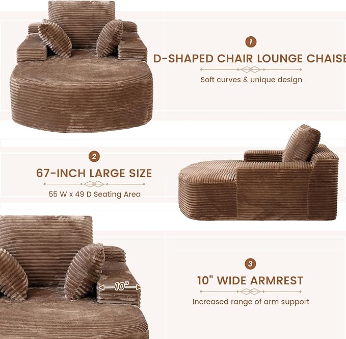 Oversized D-Shape Lounge Chair Indoor Single Foam Upholstered 67-inch Corduroy Boneless Deep Seat Circle CouchCloud Couch Lounge Floor Sofa Chair for Reading Room Brown
