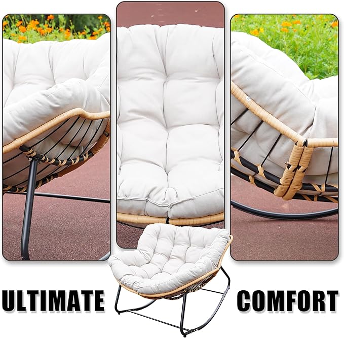 Outdoor Rocking Chair Patio Egg Rocking Chair Indoor Papasan Chair Rattan Wicker Lounge Chair Modern Royal Chair for Bedroom Living Room Porch GardenLawn-Beige (Beige)