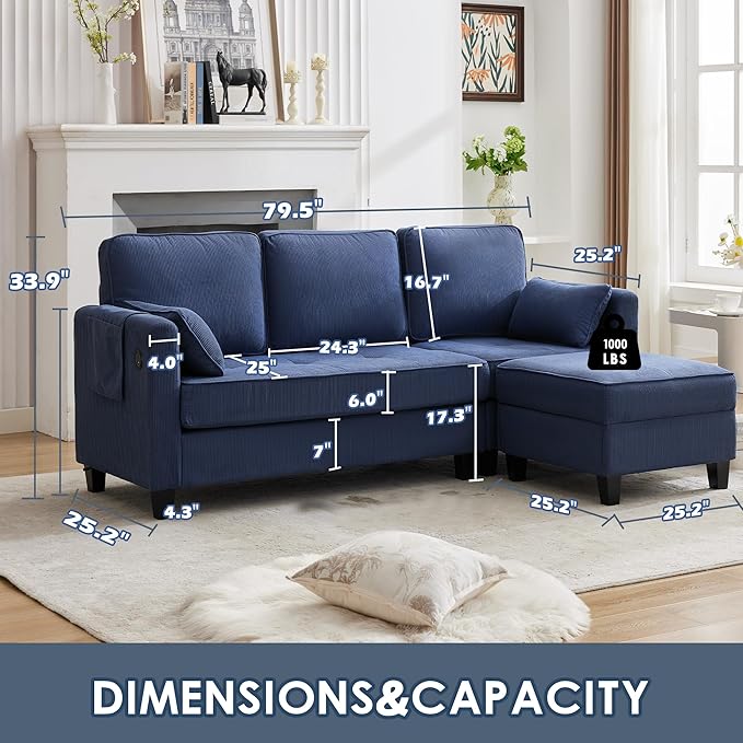 Convertible Sectional Sofa Couches for Living Room with Movable Ottoman 3 Seat 80 L Shaped Sofa with USB Ports&amp2 Pockets Corduroy Fabric Sofa Recliner for Apartment Small Place (Blue)