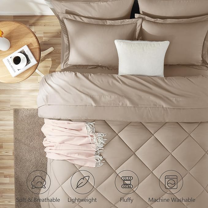 CozyLux Queen Comforter Set Wheat - Bed in a Bag Queen Size 7 Pieces Luxury Soft Bed Set for All Seasons Bedding Set with Down Alternative Comforter Sheets Pillowcases &amp Shams