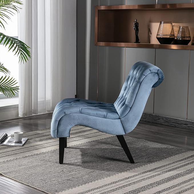 Yoluckea Modern Upholstered Accent Chair S-Shape Armless Lounge Chair for Bedroom Living Room Comfy Velvet Chaise Chairs with Button Tufted Back and Solid Wood Legs Light Blue