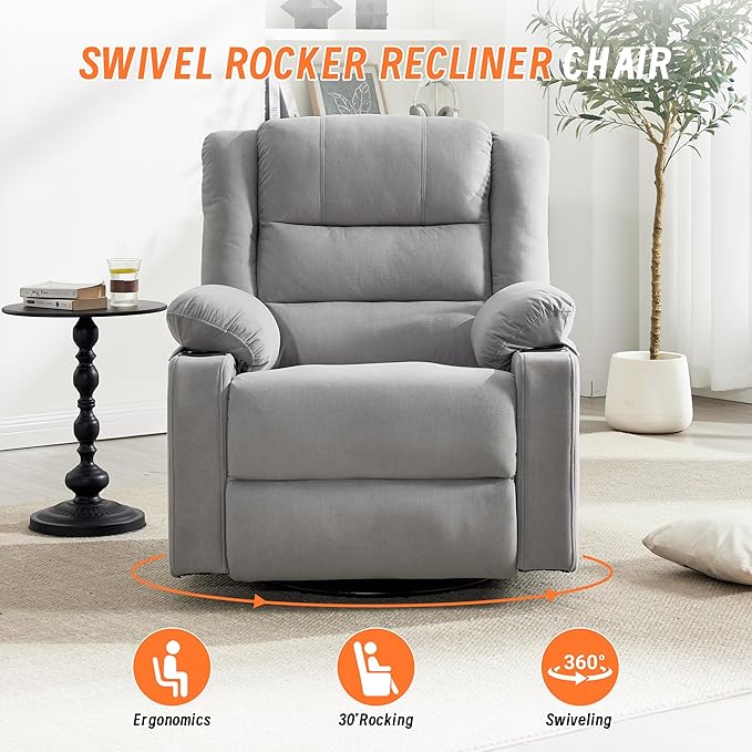 360°Swivel Rocker Recliner Chair for AdultsManual Glider Recliner Sofa with Massage and Heating Nursery Rocking Chairs with Cup Holds for Living Room Bedroom (Light Grey)