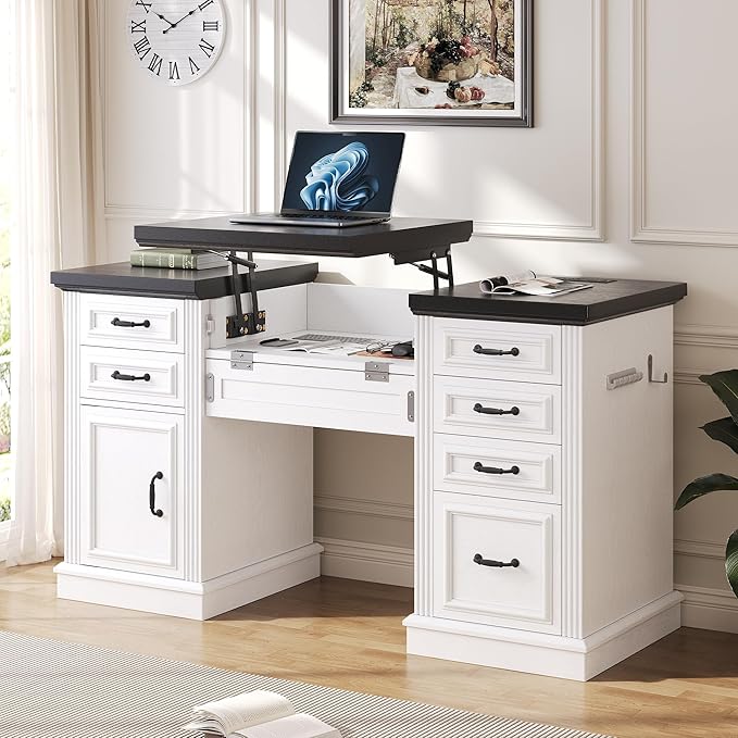 Farmhouse 57 Lift Up Executive Desk with 5 Drawers and Charging Station Wood Home Office Computer Desk with File Cabinet Storage Keyboard TrayHeadphone Hook for WorkStudy (White+Black)