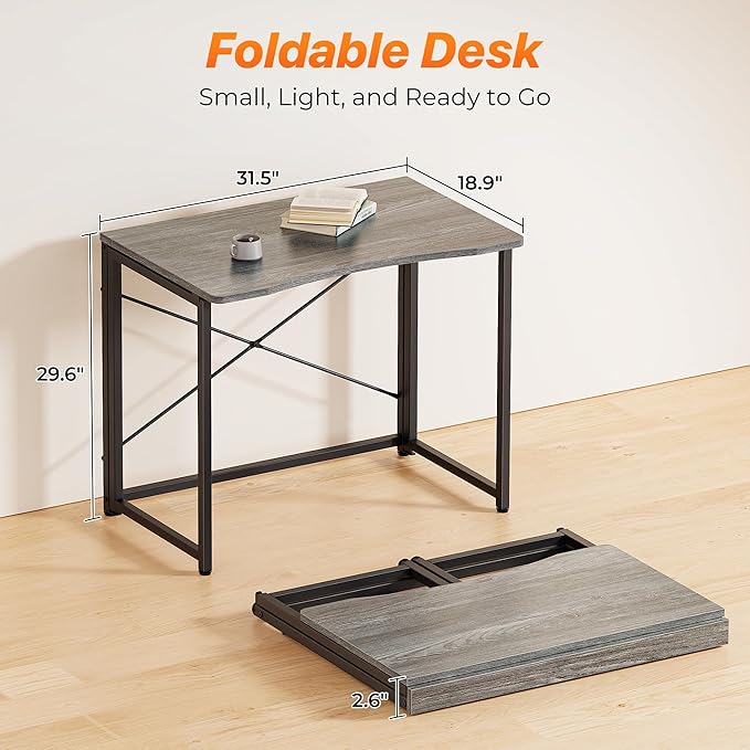 Huuger Folding Desk for Small Spaces 31.5 Inch Foldable Computer Table for Home Office Study Bedroom Dorm Space Saving Small Writing Work Office Computer Desk Easy to Fold Grey