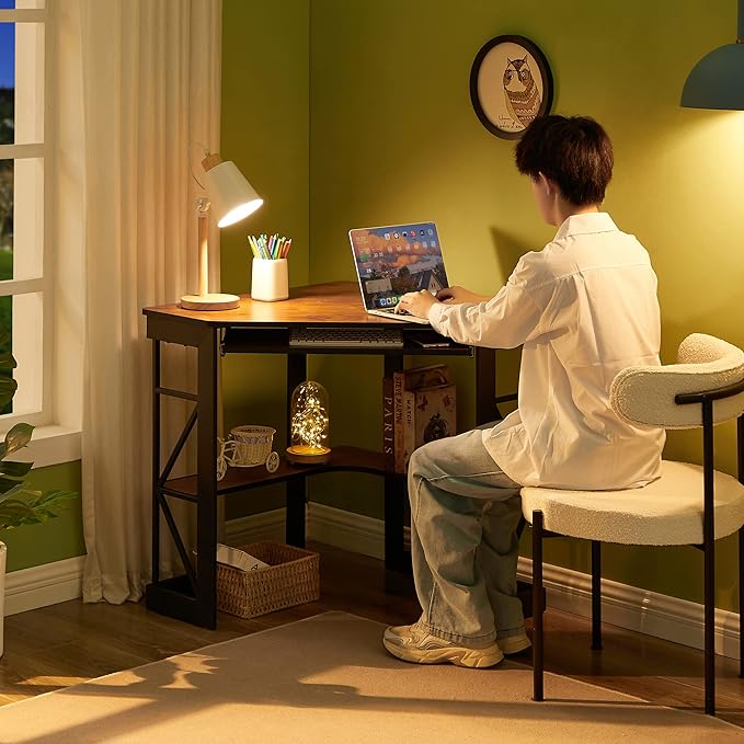 VECELO Desk Corner Tables for Living Room for Small Space Triangle Computer Desk with Steel Frame Corner Shelves with Metal Frame Writing Desk for Workstation Brown 41