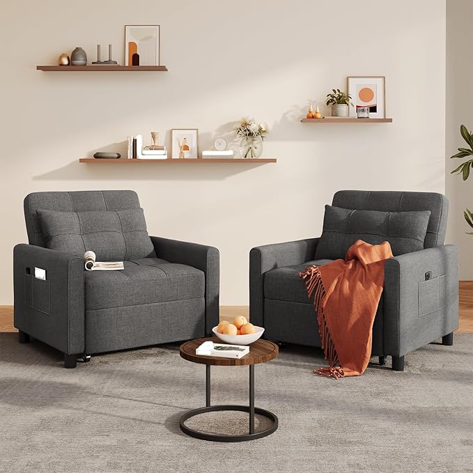 Ahomly Convertible Sofa Bed 3-in-1 Multi-Functional Sleeper Chair Bed Adjustable Backrest Recliner with Modern Linen Fabric for Living Room Bedroom Apartment Small Space Dark Grey
