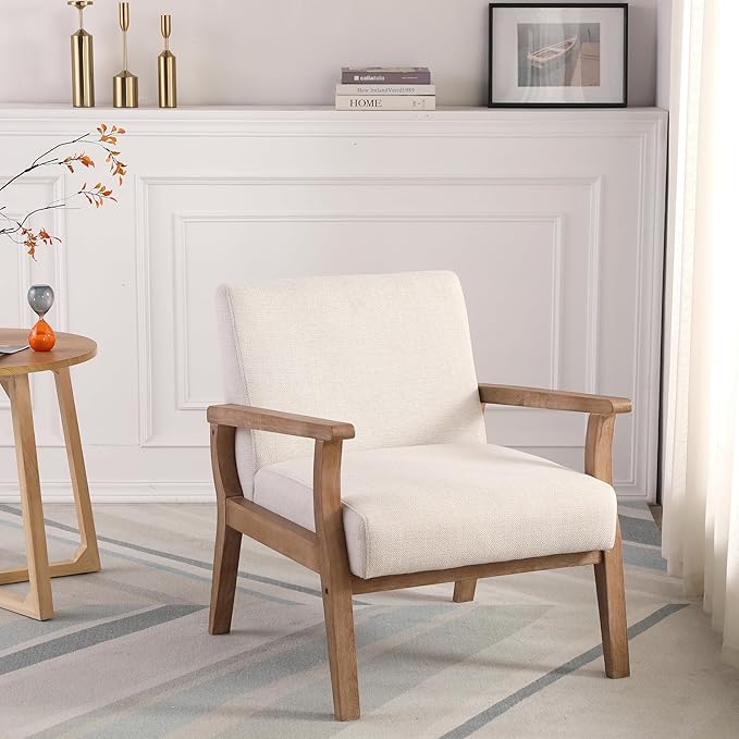Mid Century Modern Accent Chairs Set of 2 Linen Upholstered Armchairs Comfy Living Room Chairs Single Fabric Lounge Chairs Reading Chairs with Natural Solid Wood Frame Beige