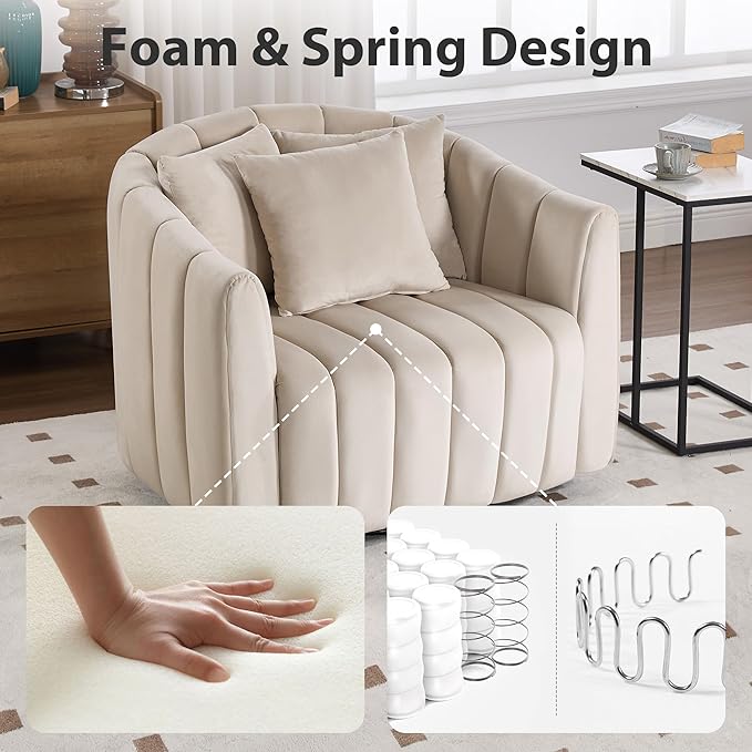 Chifee &amp Vingol 40.35 W Swivel Accent Barrel Chair Velvet Round Barrel Chair with 3 Pillows 360 Degree Swivel Armchair for Living Room Bedroom Beige
