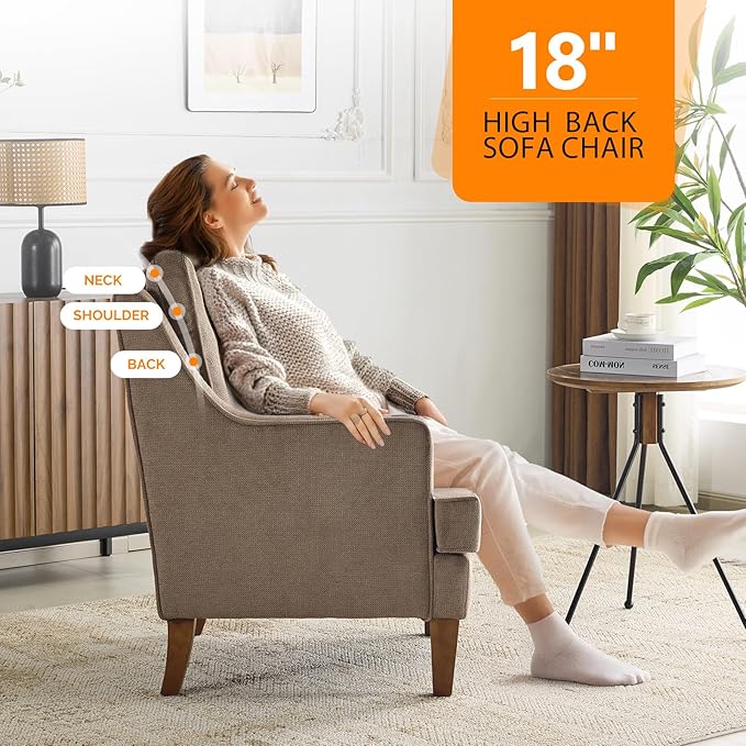 VINGLI Mid-Century Accent Chairs Set of 2 Light Brown Upholstered Armchair Comfy Sofa Chairs Reading Chair High Back Living Room Bedroom Furniture for Apartment