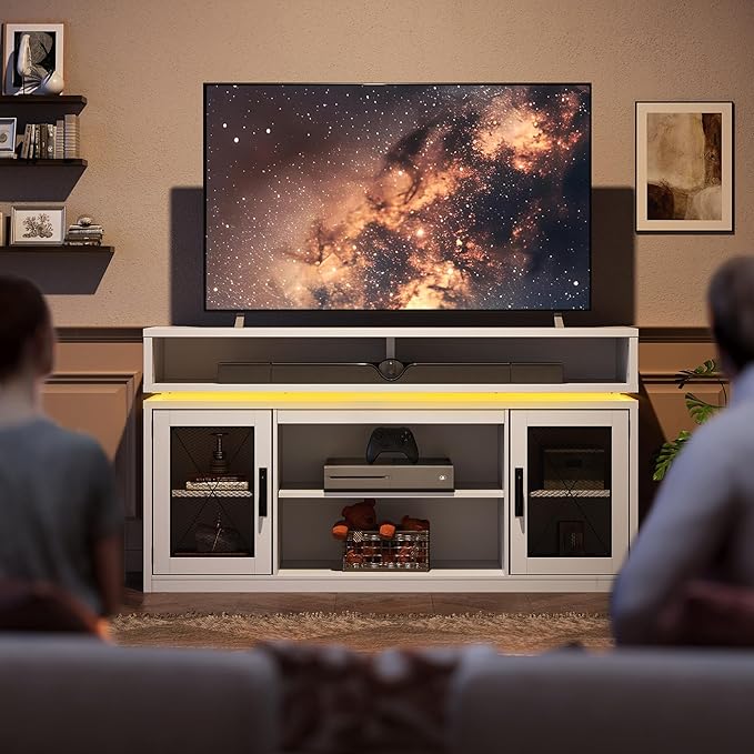 WLIVE Farmhouse TV Stand for TVs Up to 65 Inches Tall Entertainment Center with Storage Cabinets &amp LED Lights Media Console for Living Room Bedroom Home Theater White