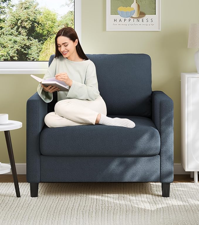 Sofa Accent Chair 33 Reading Chair for Bedroom Tool-Free Setup Living Room Accent Chairs Comfy Arm Chairs Living Room All-Wood Reading Nook Blue Grey