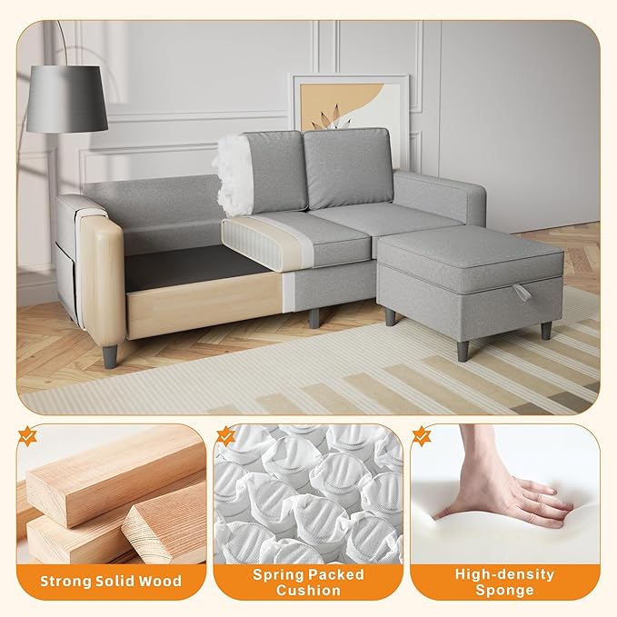 78 Sectional Sofa Couches for Living Room Convertible L Shaped Couch with Storage Ottoman Deep Seat Pet-Friendly Linen Fabric Sofa Set for Small Space Apartment Dorm