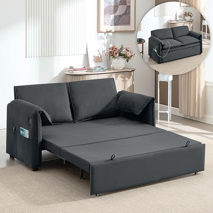 63 Velvet Pull Out Sofa Bed 3-in-1 Convertible Futon Loveseat Queen Sleeper Sofa Couch Bed with Adjustable Backrest USB Ports &amp Side Pockets Modern Sofas for Living Room Apartment Dark Grey