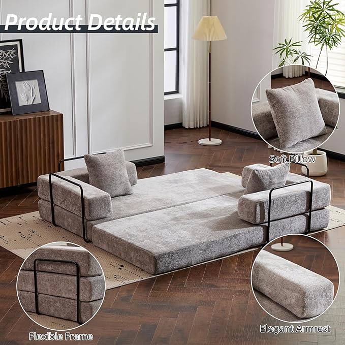 Folding Sofa Bed Convertible Sleeper Sofa Chenille Floor Couch with Pillows Fold Out Couch King Size Bed Futon  Foldable Memory Foam Mattress for Living Room Bedroom Playroom (Light Grey)