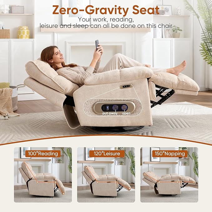 Oversized Swivel Power Rocker ReclinerElectric Recliner Chairs for AdultsExtra Wide Seat ReclinersUpholstered Nursery Reclining Glider ChairSwivel Chairs for Living RoomBeige