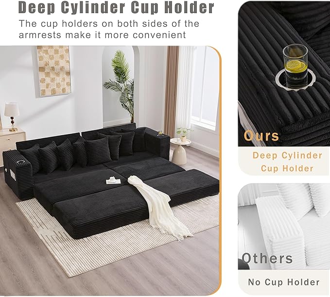 Oversized L-Shaped Modular Sectional Sofa Couch with 8 Pillows Convertible Corduroy Sleeper Sofa Bed with Cupholders &amp Storage Pockets Cloud Couch with Movable Ottoman for Living Room Black