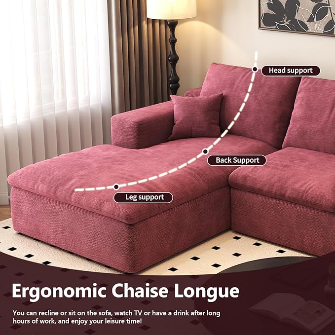107'' L-Shaped Modern Modular Sectional Cloud Couch 4-Seat Chenille Deep-Seat Sofa with Pillow for Living Room Bedroom Apartment Wine Red