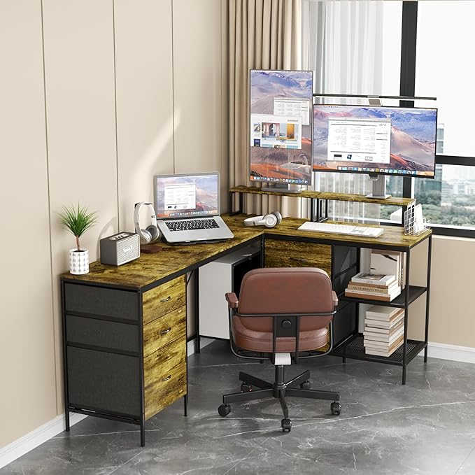 114 L-Shaped Desk with Power Hub 6 Drawers Removable Monitor Stand Industrial Gaming Desk Rustic Brown Home Office