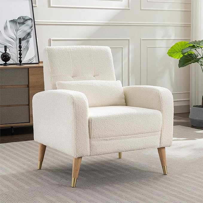 Dolonm Mid-Century Modern Accent Chair Upholstered Armchair Living Room Chair Comfy Single Sofa Chair with Sturdy Legs for Living Room Bedroom White