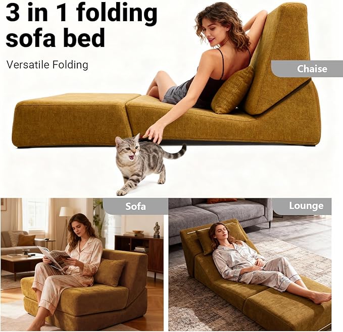 Folding Sofa Bed Chair Convertible Sleeper Sofa Couch Bed w/Pillow Lounge w/Back Support &amp Washable Cover for Living Room Bedroom Apartment Office (Yellow) | With ashable cover Foldable chai