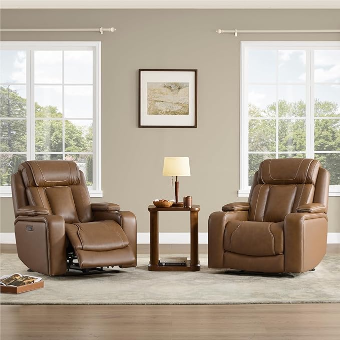 Watson &amp Whitely Genuine Leather Electric Recliner Chairs Oversized Super Zero Gravity Recliner Triple-Motor W Adjustable Lumbar Headrest Support &amp Hidden Storage Saddle Brown