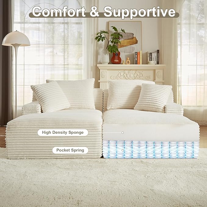 78” Oversized Double Chaise Lounge Indoor Corduroy Sleeper Sectional Couch Upholstered Boneless Cloud Sofa Deep Seat Comfy Plush Chair Bed for Living Room