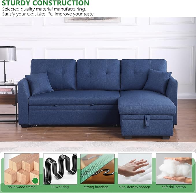 BEEY Sleeper Sofa Bed 82 Small Convertible Sectional Sofa Couch with Storage Chaise L Shaped Couch with Pull Out Bed for Bedroom Living Room (Navy_Blue_2)