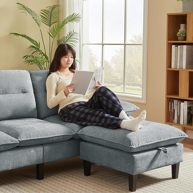 86'' Chenille Sofa with Storage Ottoman Modern Living Room Sofa with Removable Washable Cushion 3 Seater Comfy Couch for Apartment Bedroom Office (Light Grey)